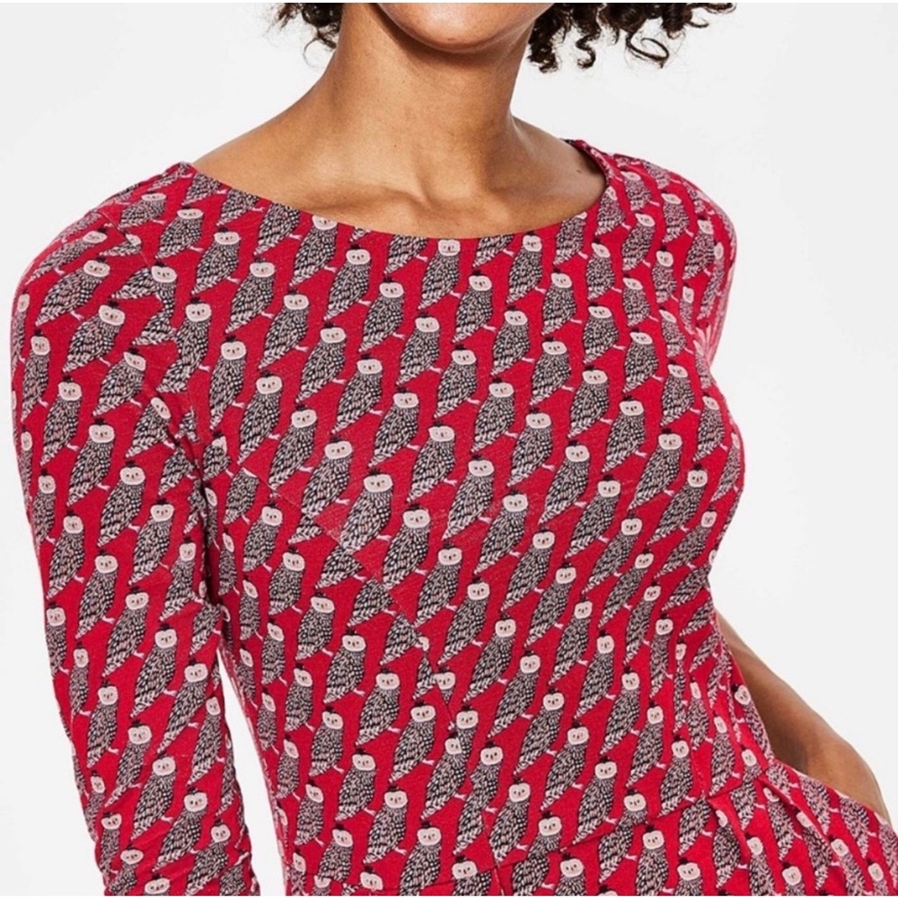 Boden Amber Dress Red Owl Print Midi Jersey Dress 3/4 Sleeve Pockets Women's 4
